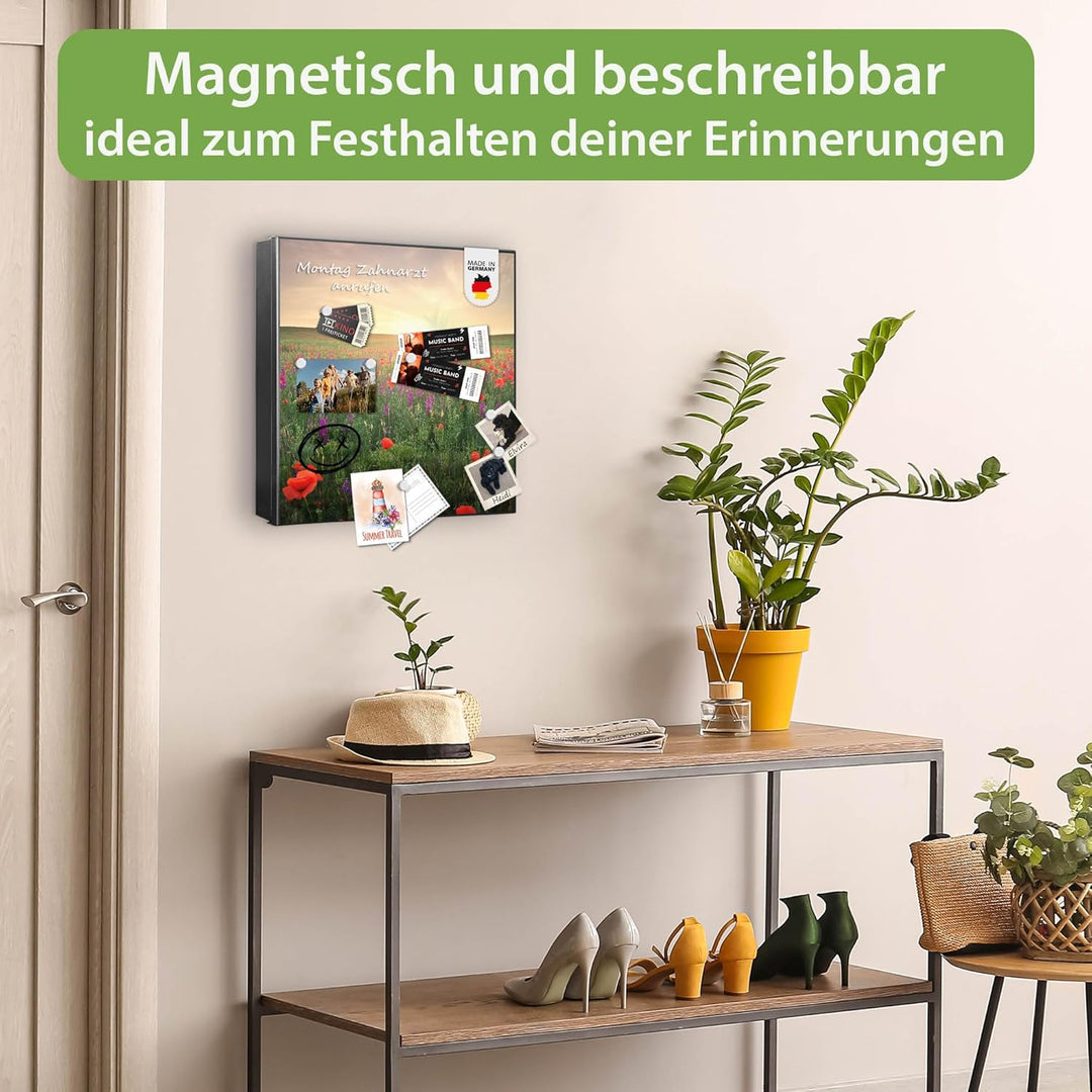 banjado® Grosser Schlüsselkasten Glas/Schlüsselbox 30cm x 30cm mit 50 Haken - Motiv Sommerfeld/Schlü