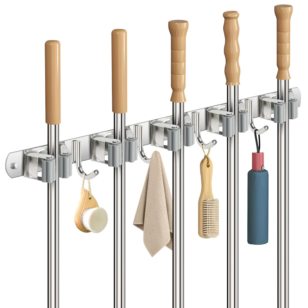 Besenhalterung Wand, Besenhalter Edelstahl, Gerätehalter Wandhalterung mit 5 Halter und 4 Haken, Bes