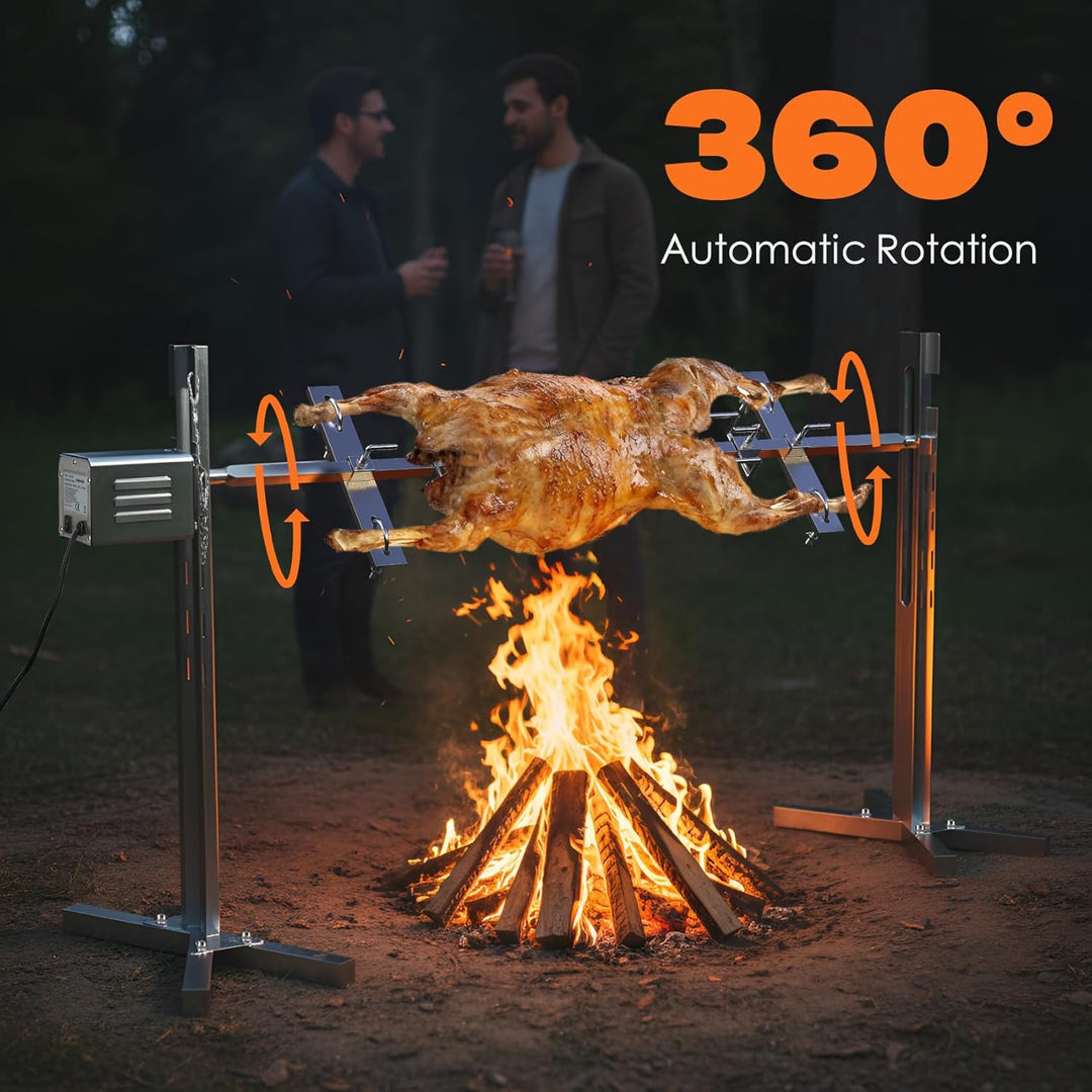 Spanferkelgrill mit Motor 60kg Belastbarkeit, Elektrischer Grillspiess Edelstahl mit 5-Stufig Höhenv