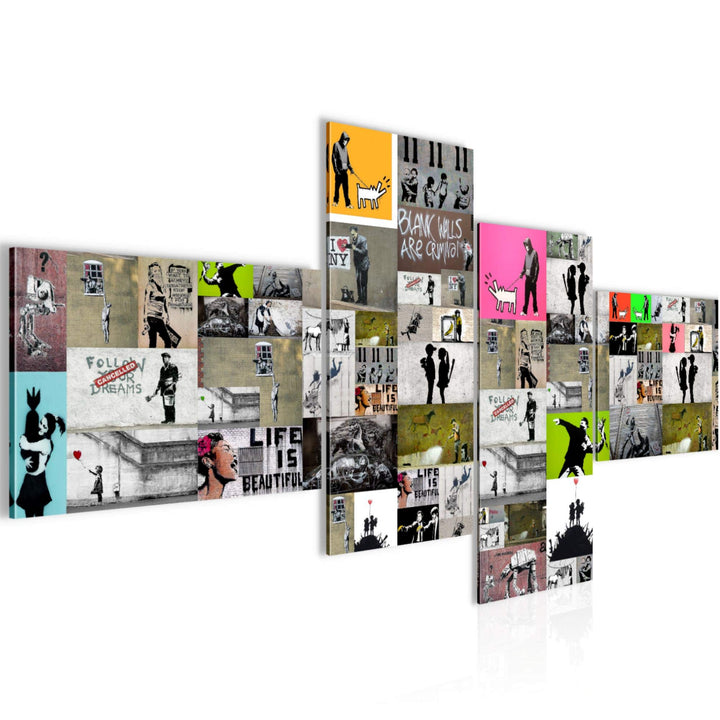 Runa Art Bild Modern Collage Banksy - Made in Germany - Wandbilder Street Art Bunt 4 Teilig 302742a