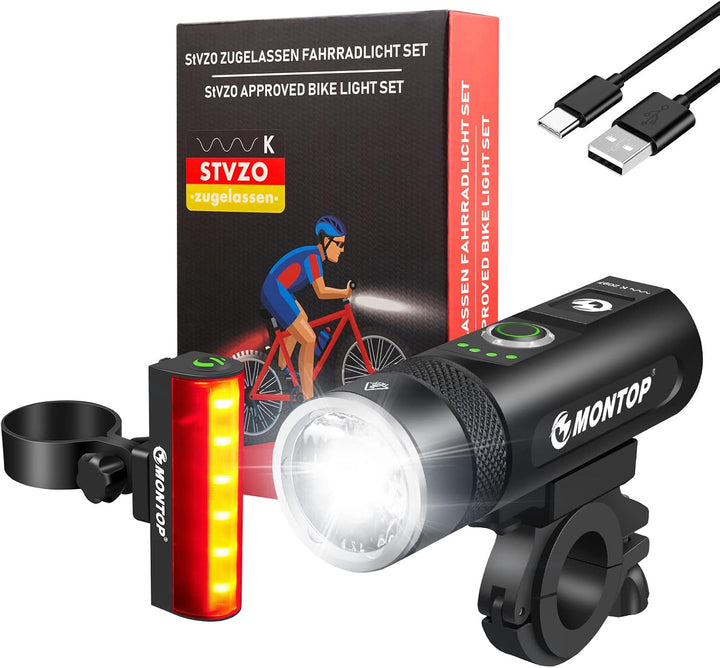 MONTOP StVZO Zugelassen Fahrradlicht Set 100LUX Super Hell LED Fahrradbeleuchtung USB Akku Fahrradla