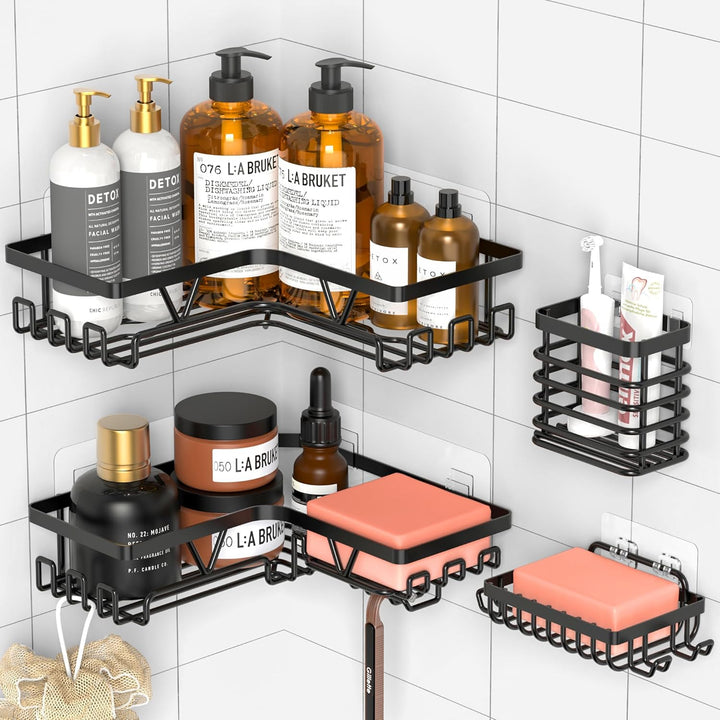 Kegii Duschablage Ecke Schwarz - 4 Stück Edelstahl Duschablage Ohne Bohren mit Seifenschale & Zahnbü