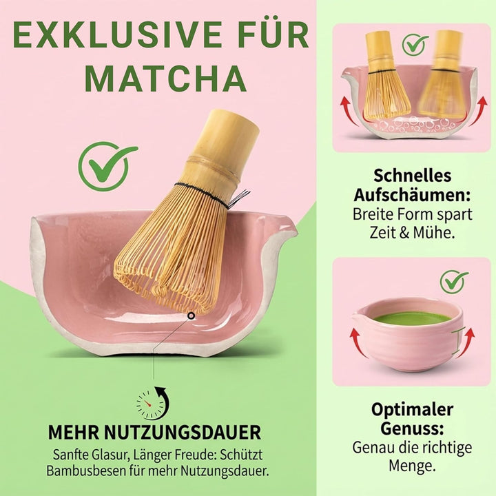 Matchaya Matcha Set 7-teilig Rosa – Keramik Chawan 460ml, Bambus Chasen & Halter, Chashaku, Ablage,