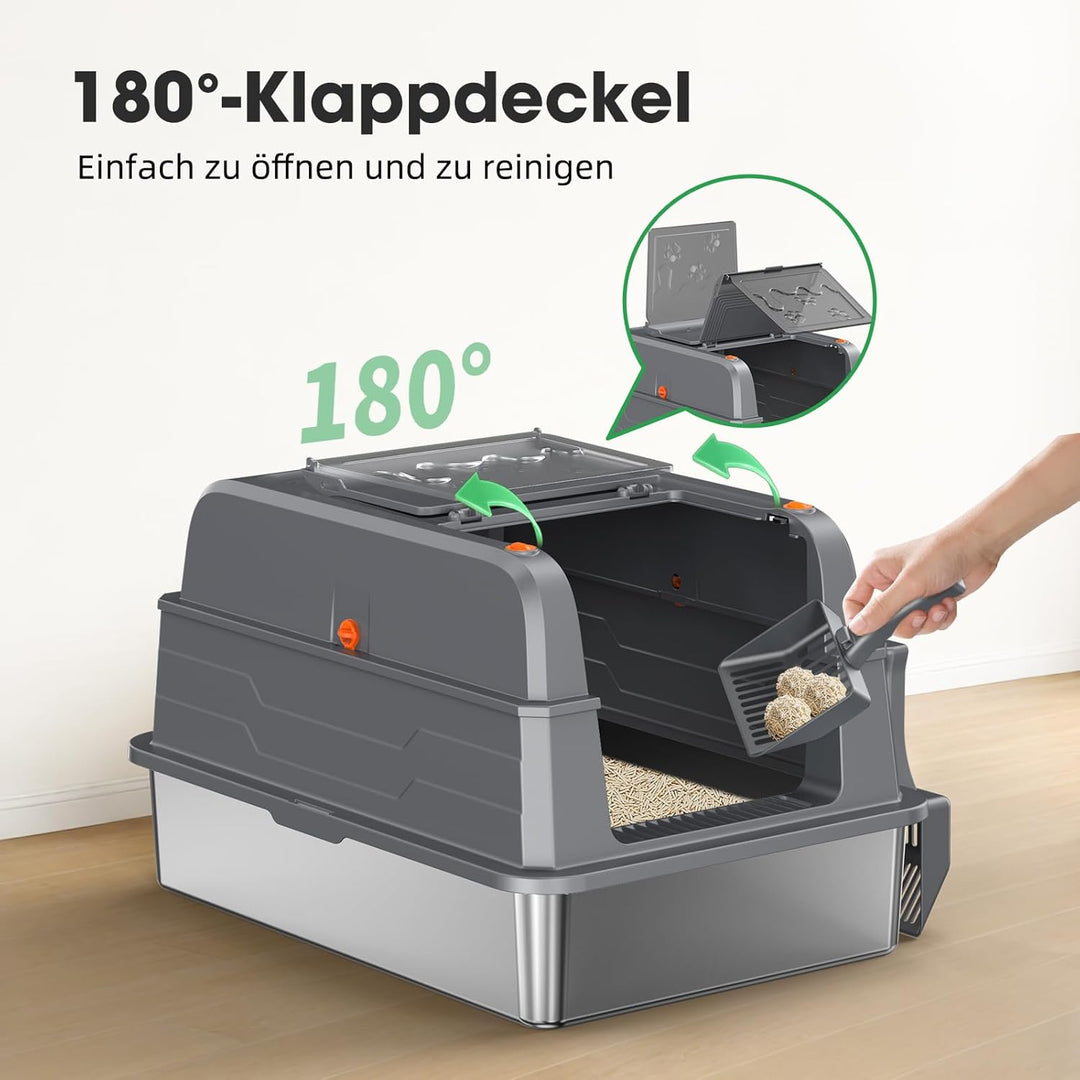 XXXL Edelstahl Katzentoilette mit Deckel – extra grosse geschlossene Katzenklos mit hohen Seitenwänd