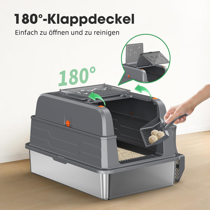 XXXL Edelstahl Katzentoilette mit Deckel – extra grosse geschlossene Katzenklos mit hohen Seitenwänd