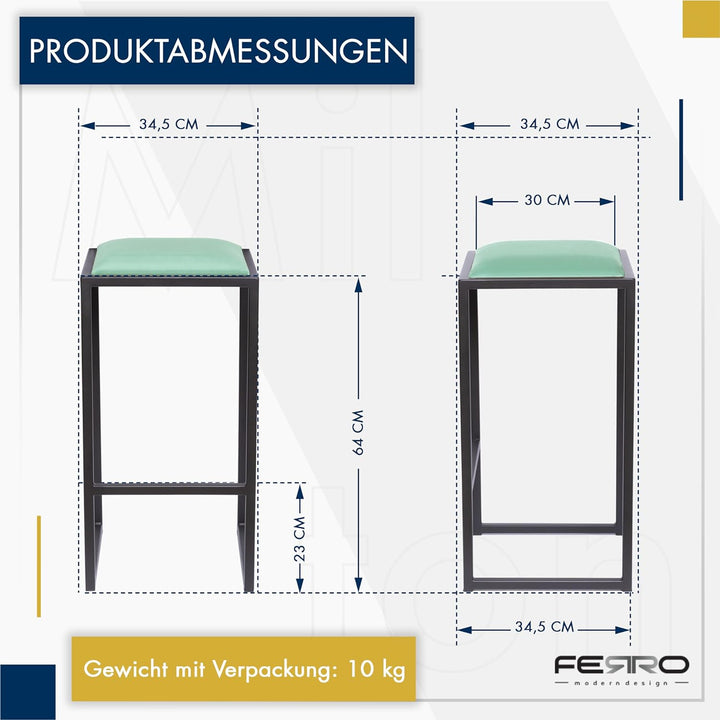FERRO modern design Barhocker Schwarz ohne Lehne 64 cm - Metal Barstuhl mit Gepolstertem Sitz - Loft