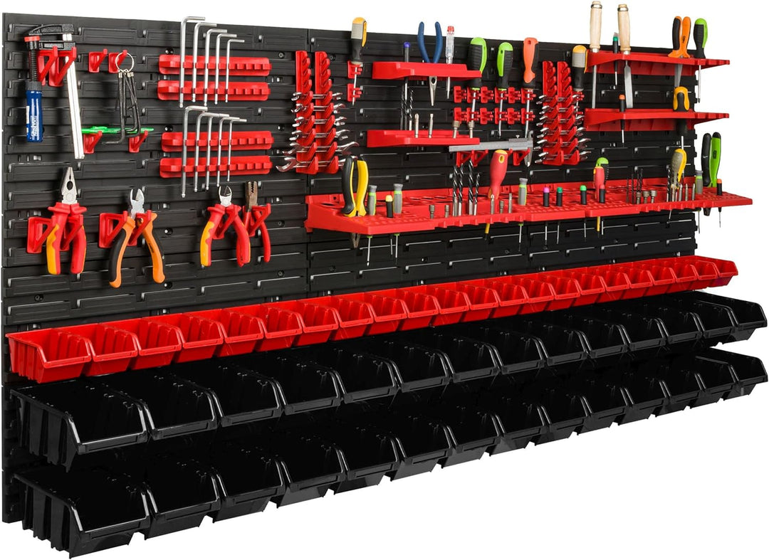 Lagersystem Werkstattregal | 172 x 78 cm | 50 stck. Box | Wandregal mit Werkzeughalterungen und Stap