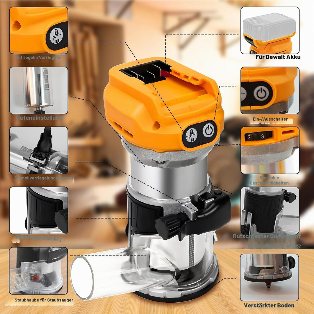 Kabelloser Handfräser für DeWalt 20 V Akku, 21 V 800 W Handflächenfräser für Holzbearbeitung, Handka