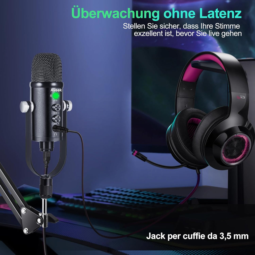 Aveek USB-Mikrofon, Kondensator-Aufnahme, Laptop, PC, Gaming-Mikrofon, Podcast-Mikrofon, Kit für Str