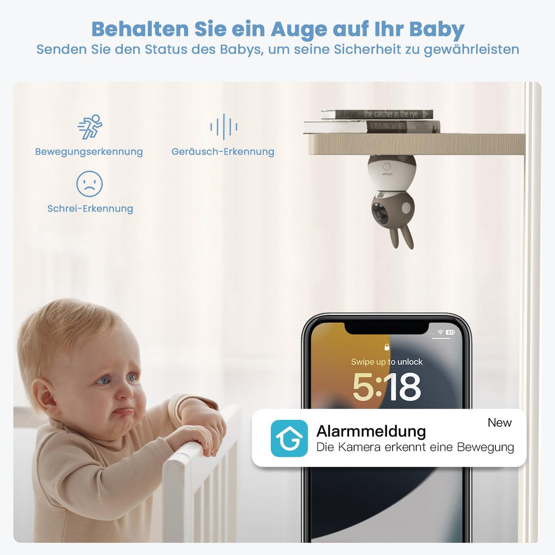 ieGeek Babyphone mit 2 Kameras 2K/3MP, 5 Zoll WLAN Video-Babyfon mit PTZ 355°, IR-Nachtsicht, automa