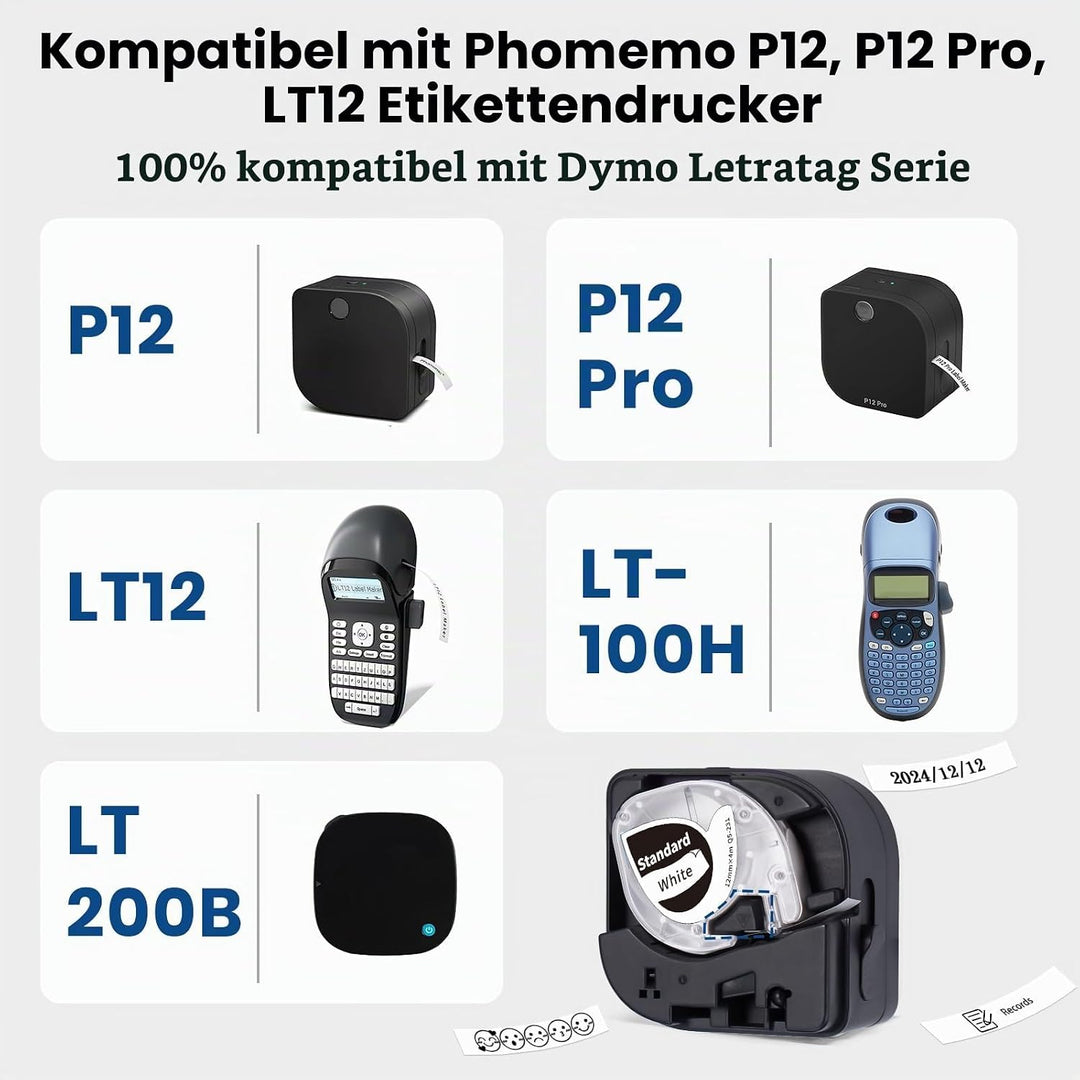 Phomemo P12 Etikettenband Kompatible mit Dymo LetraTag Etikettenband für LT-100H LT-100T 200B PLUS X