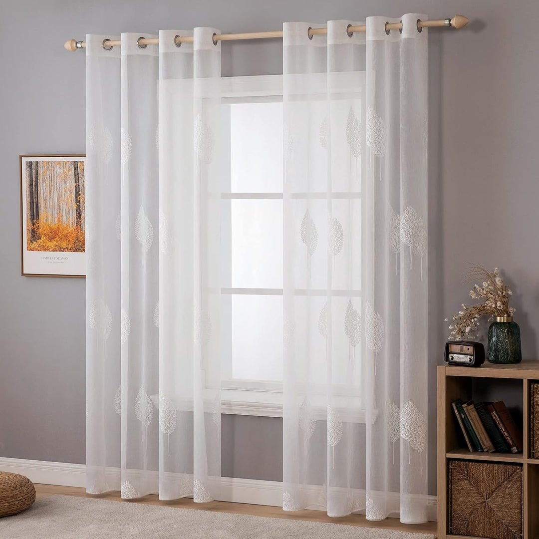 MIULEE Wohnzimmer Vorhänge Transparent mit Weiss Blätter Muster, Modern Stickerei Gardinen Ösen für