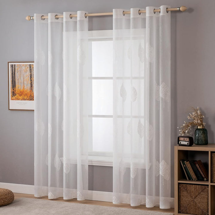 MIULEE Wohnzimmer Vorhänge Transparent mit Weiss Blätter Muster, Modern Stickerei Gardinen Ösen für