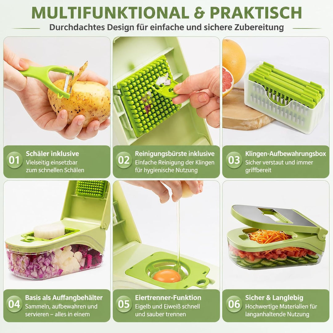 17-in-1 Kompakt Gemüseschneider, Gemüsehobel - Julienne- und Würfelschneider für Gurken Zwiebeln Kar