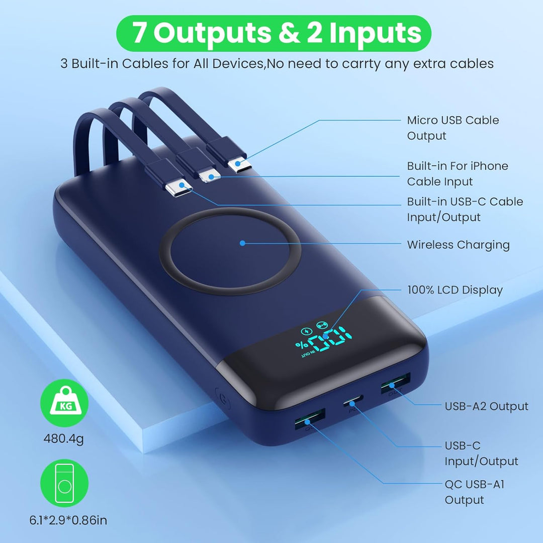 Wireless Power Bank 26800mAh mit 3 Kabel, 7 in 1 25W PD3.0+QC4.0 Schnellladen USB C Powerbank, 6 Aus