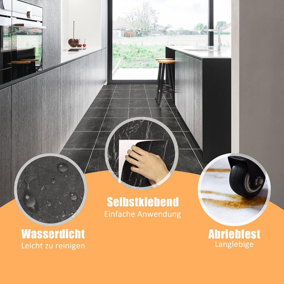 PVC Bodenbelag Selbstklebende Fliesen Schwarz Marmor 30x30 cm, Fliesenoptik Vinylboden Bodenfliesen