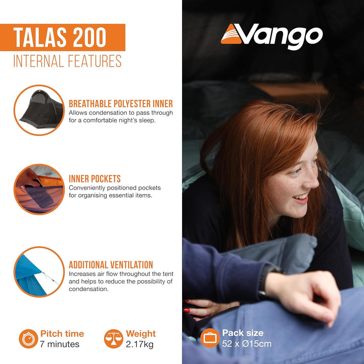 Vango Tunnelzelt, Talas 200 River, für zwei Personen, blau
