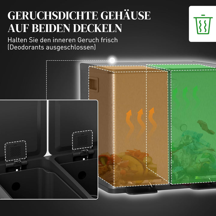 HOMCOM Mülleimer 2 x 15L Abfalleimer aus Edelstahl Mülltrennsystem mit Softclose Deckel, Herausnehmb