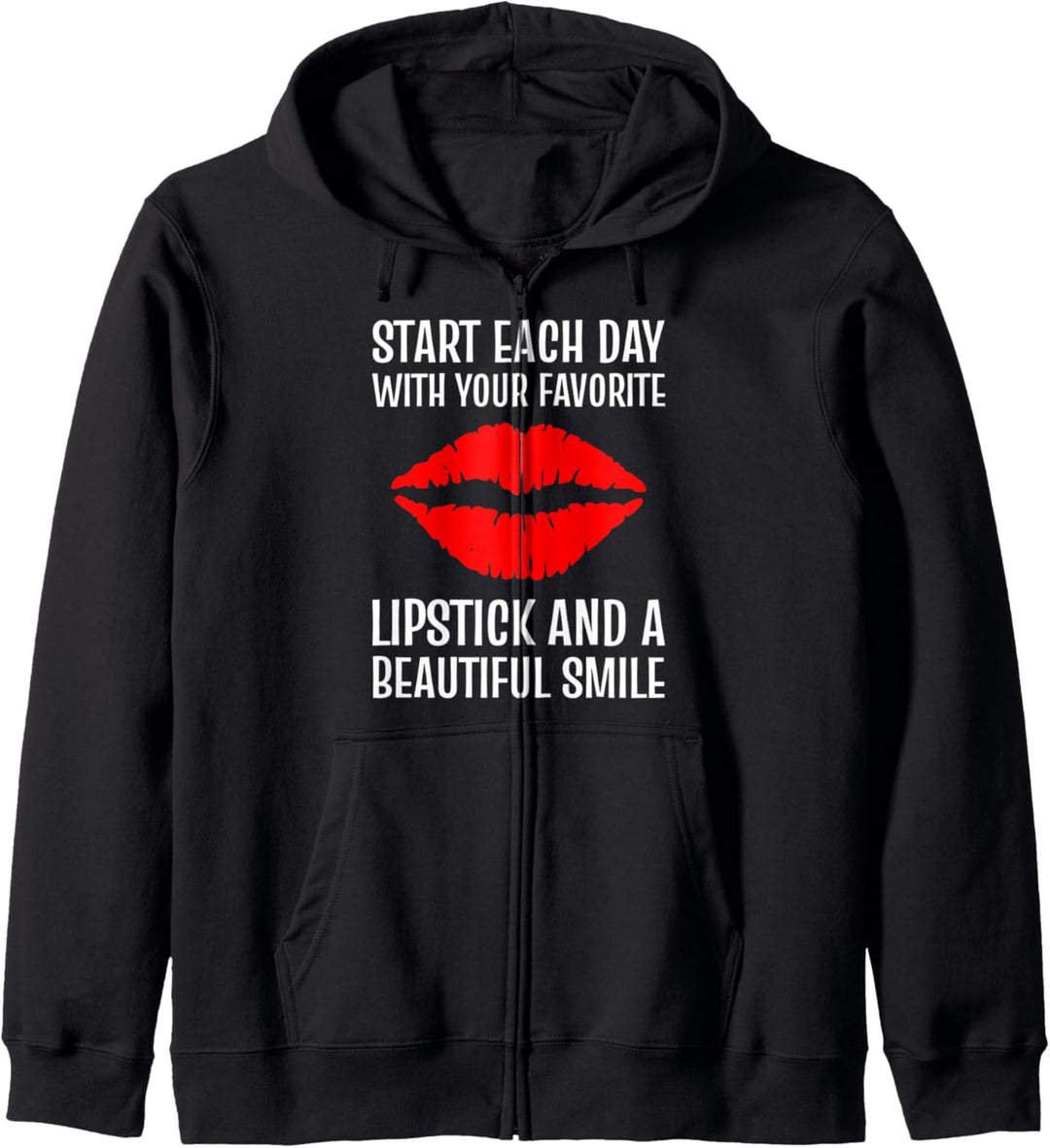 Lippenstift und Lächeln. Optimistische Dame. Kapuzenjacke