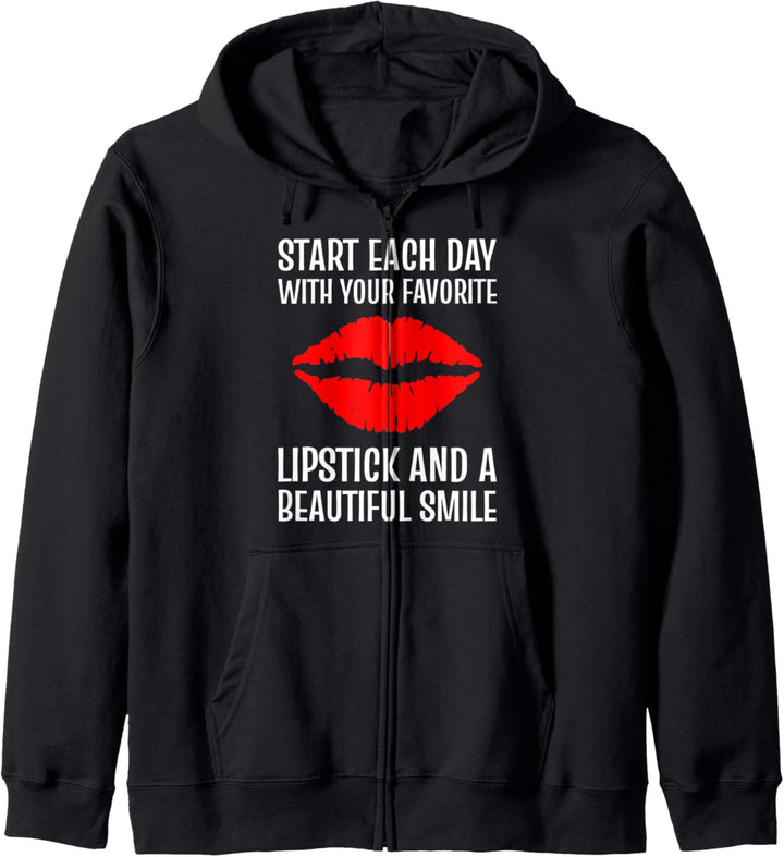 Lippenstift und Lächeln. Optimistische Dame. Kapuzenjacke