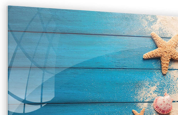 ALLboards Glas Magnettafel MUSCHELN BLAUES HOLZ SAND SEIL 90x60cm Glasbild Memoboard aus Glas Glasta
