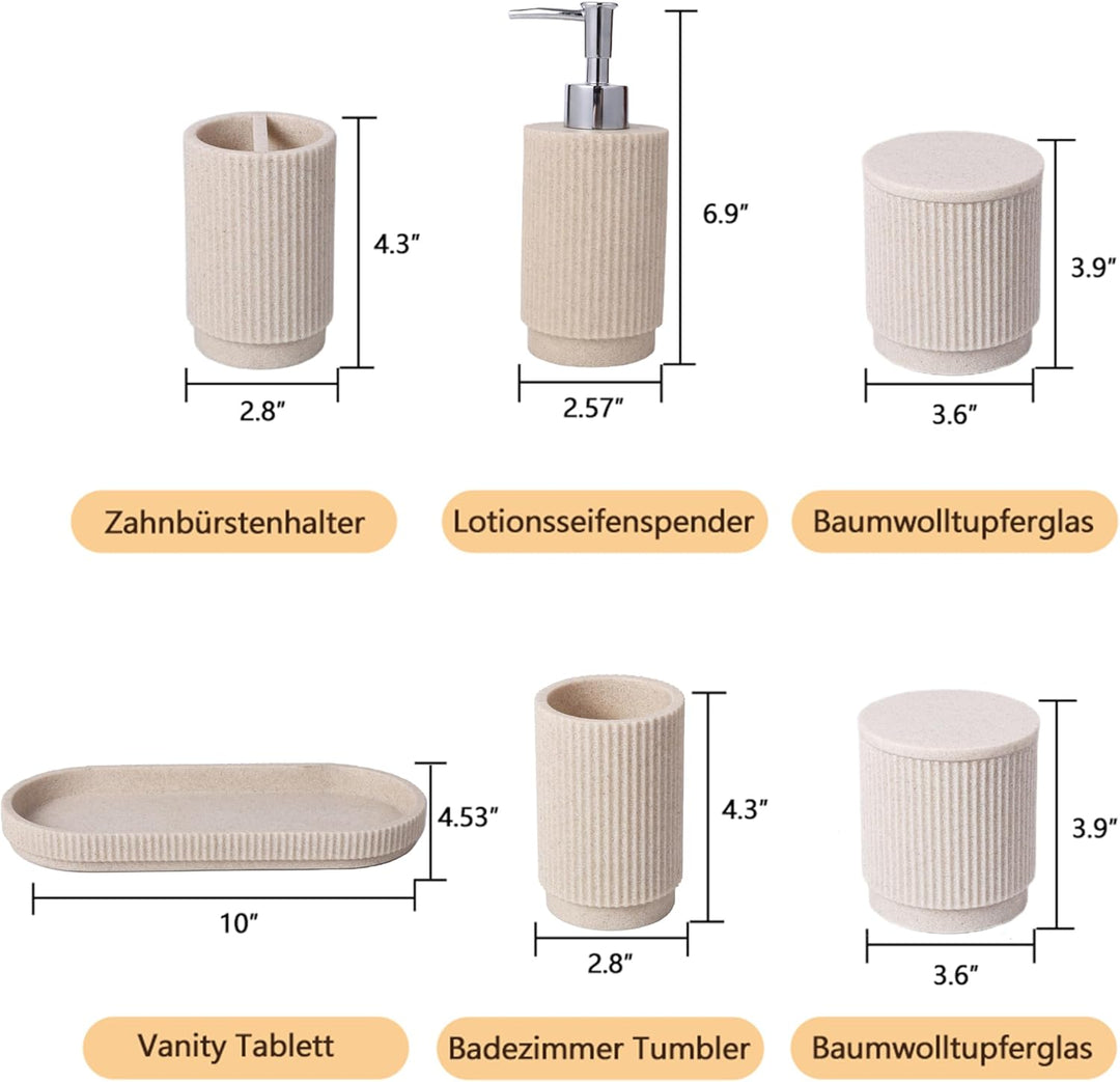 Badezimmer Set 6-teilig – Seifenspender + Zahnputzbecher mit Tablett & Wattestäbchenbox – Streifen-D
