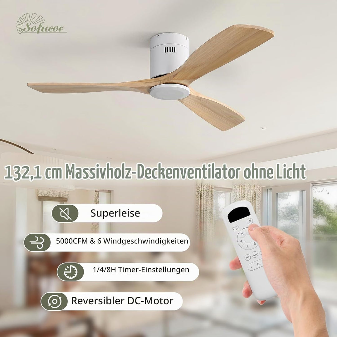 Sofucor Deckenventilator mit Fernbedienung, Deckenventilator aus Massivholz mit 3 Holzlüfterblätter,