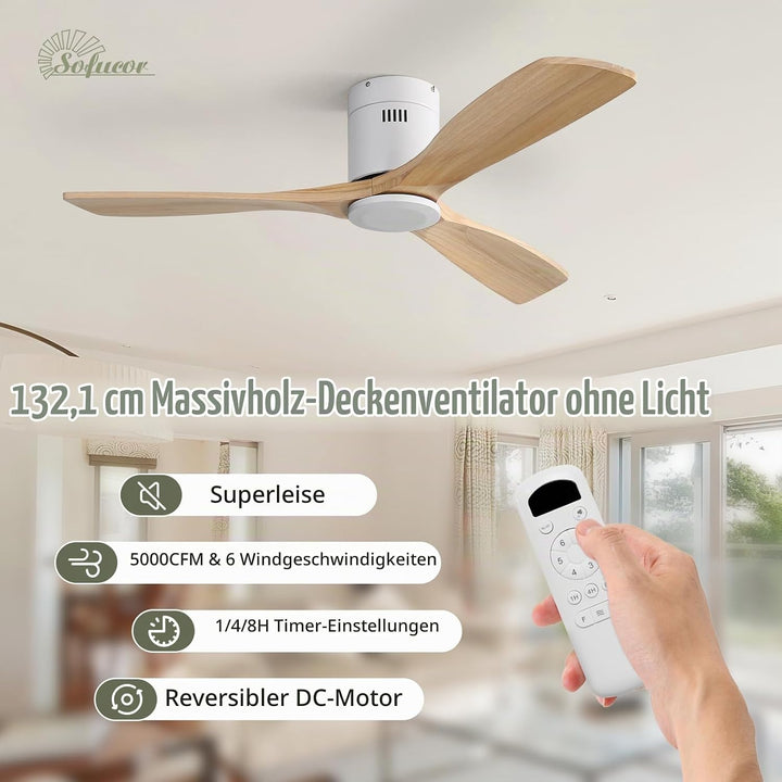 Sofucor Deckenventilator mit Fernbedienung, Deckenventilator aus Massivholz mit 3 Holzlüfterblätter,