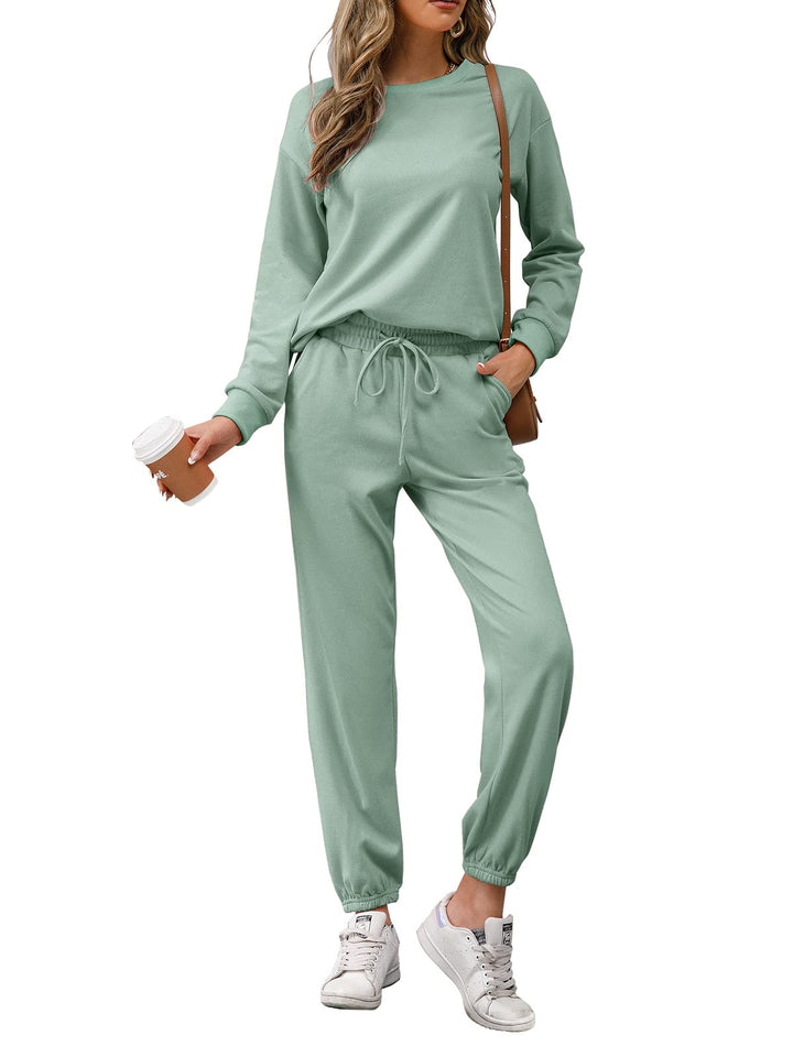 REORIA Damen Tracksuit Langarm Rundhalsausschnitt Einfarbig Zweiteiler Outfit Hoodie Jogger Training
