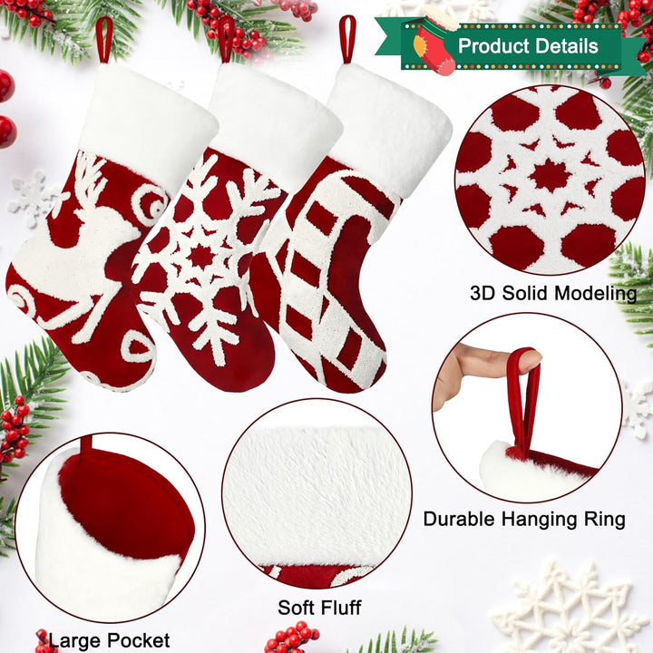 Weldomcor Weihnachtsstrumpf 3er Set, 50cm Weihnachtsstrümpfe Kamin Bestickte Elch Schneeflocke hänge