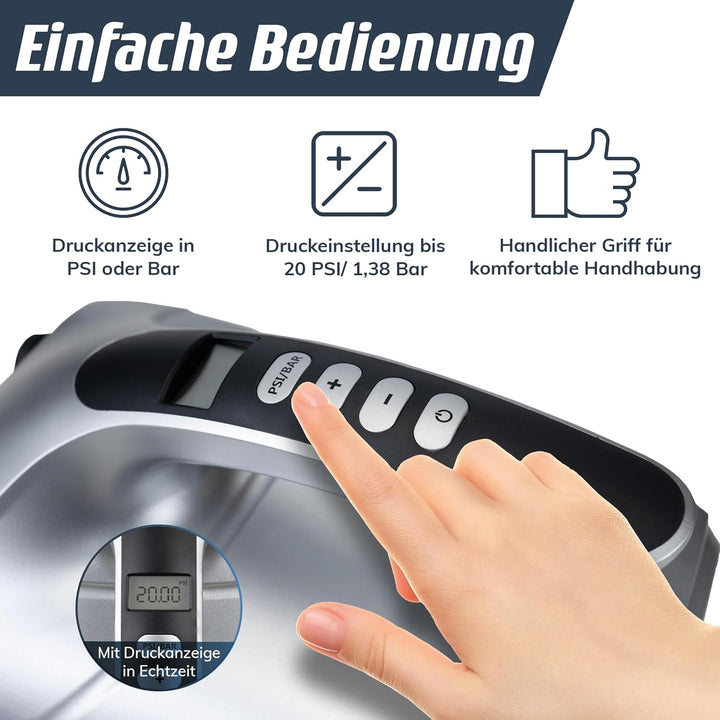 Fitleap SUP Pumpe elektrisch 20 PSI, pumpt das Board in wenigen Minuten auf | Zieldruck am LCD-Displ