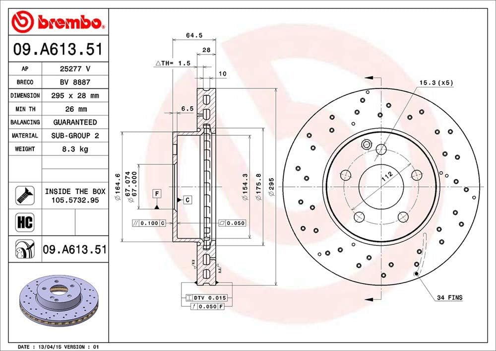 Brembo 09.A613.51 Vordere Bremsscheibe mit UV Lackierung, Anzahl 2 Single, Single
