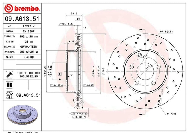 Brembo 09.A613.51 Vordere Bremsscheibe mit UV Lackierung, Anzahl 2 Single, Single