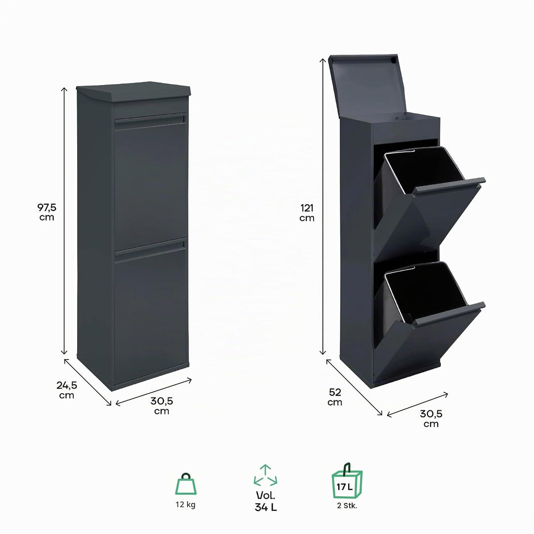 Arregui Top CR224-B Recycling Abfalleimer / Mülleimer aus Stahl mit Aufbewahrungsbox mit Deckel, Mül