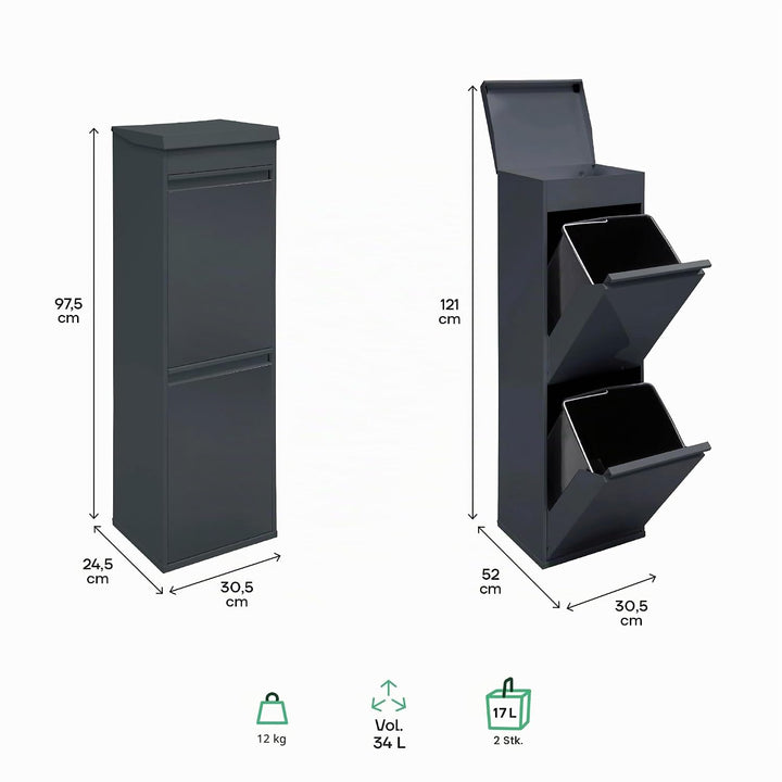 Arregui Top CR224-B Recycling Abfalleimer / Mülleimer aus Stahl mit Aufbewahrungsbox mit Deckel, Mül
