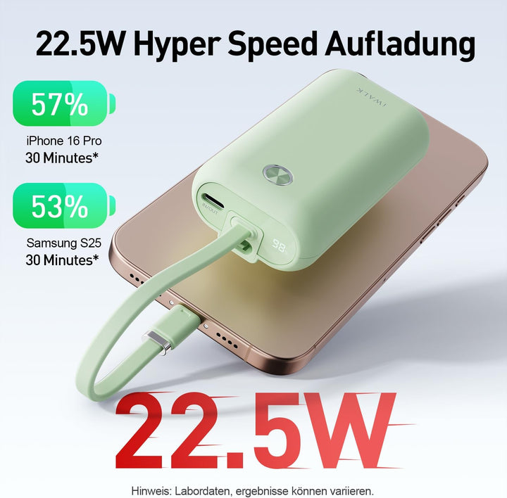 iWALK Mini Tragbares Ladegerät 10000 mAh, 22,5W USB-C Powerbank mit integriertem Kabel, Ultra-kompak