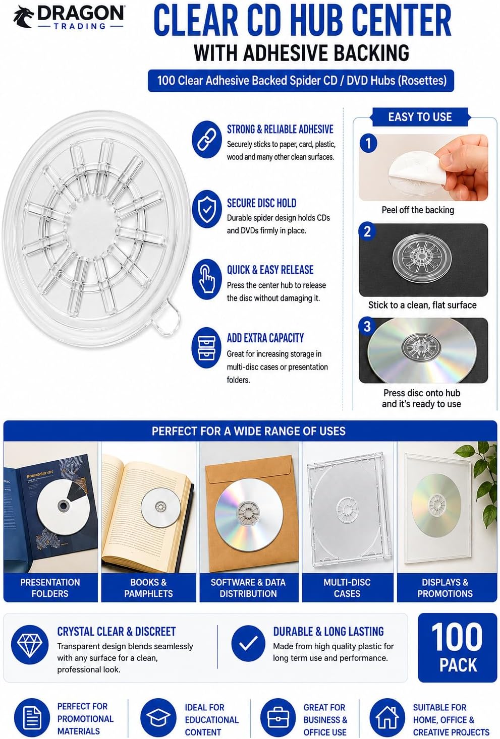 DragonTrading® CD-Hub mit selbstklebender Rückseite, transparent, 100 Stück