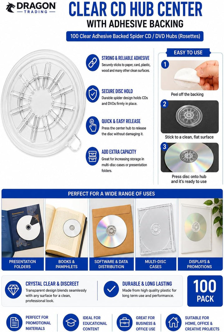 DragonTrading® CD-Hub mit selbstklebender Rückseite, transparent, 100 Stück