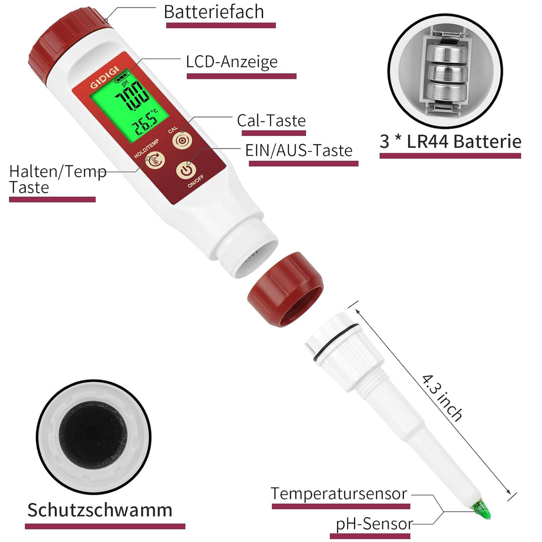 pH Messgerät für Lebensmittel,GIDIGI Digitaler pH Tester für Lebensmittel，Präzise pH Testkits für di