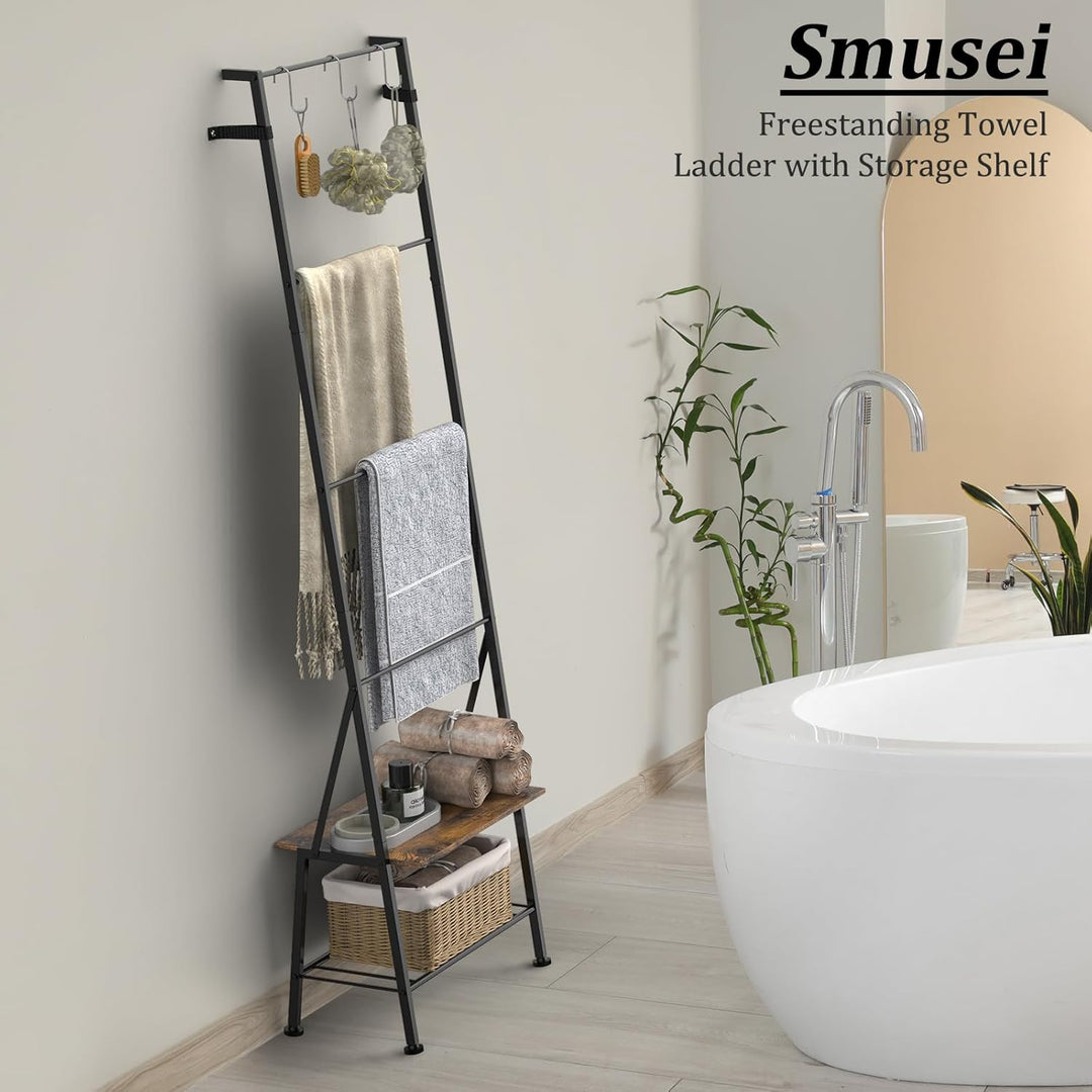 Badezimmer-Handtuchleiter mit Ablage und Haken,150 cm Handtuchhalter Freistehende Deckenleiter, für