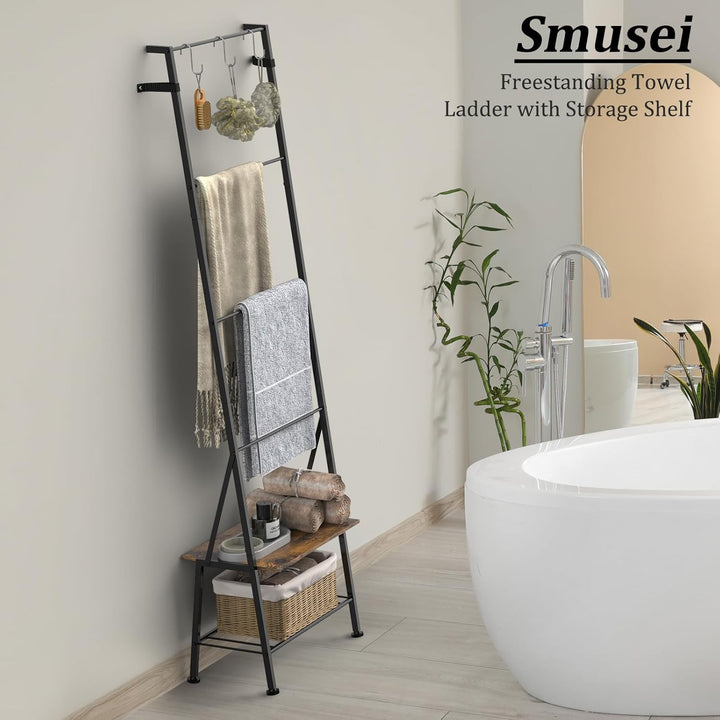 Badezimmer-Handtuchleiter mit Ablage und Haken,150 cm Handtuchhalter Freistehende Deckenleiter, für