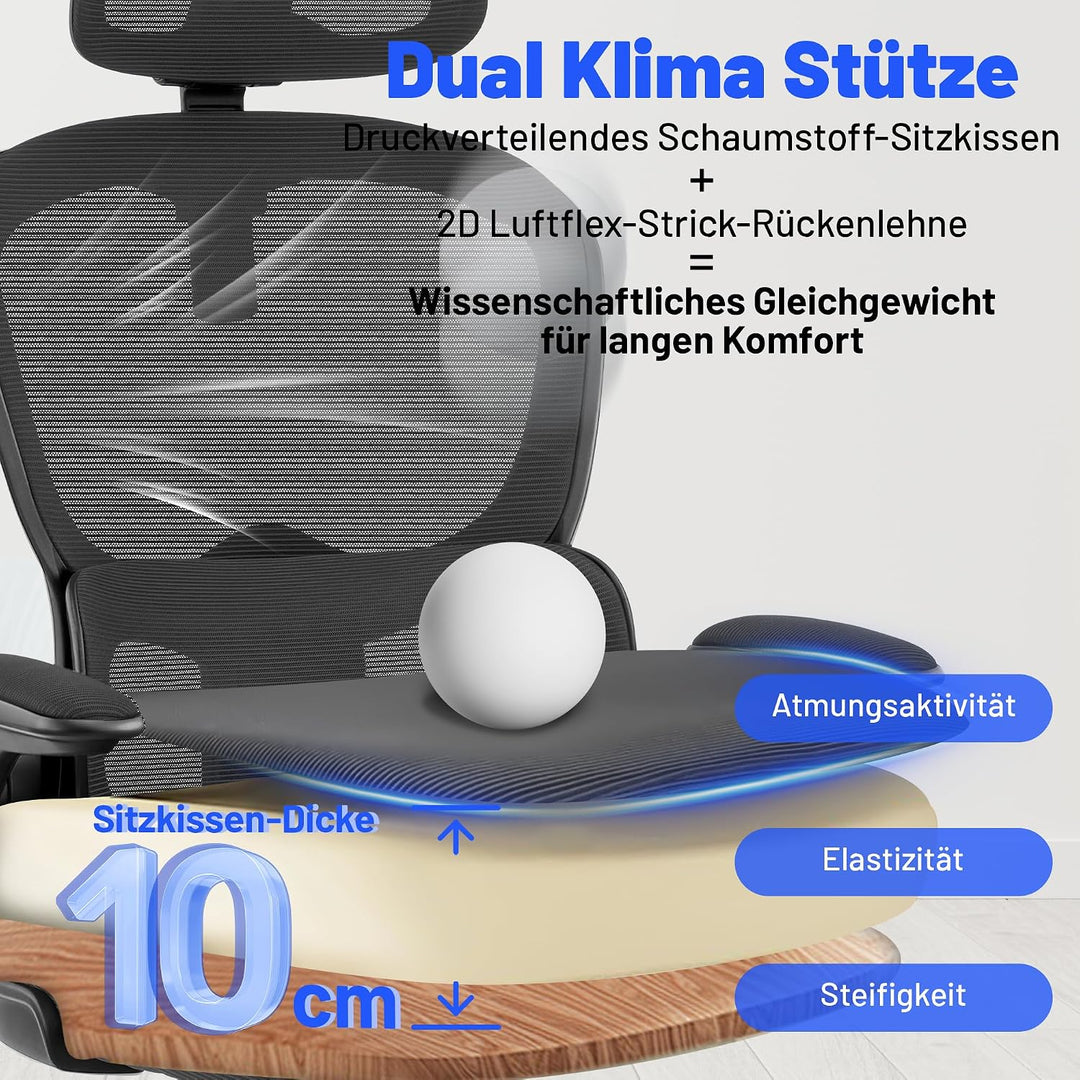 Bürostuhl Ergonomisch mit Kopfstütze, Verstellbarer Lendenwirbelstütze &amp; Netzbespannung, Höhenverste