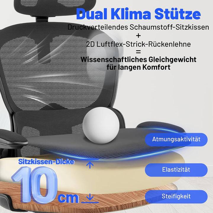 Bürostuhl Ergonomisch mit Kopfstütze, Verstellbarer Lendenwirbelstütze &amp; Netzbespannung, Höhenverste