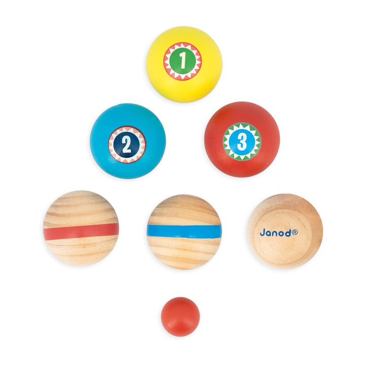 Janod - Pétanque-Spiel für Kinder Applepop - Geschicklichkeitsspiel - 6 Pétanque-Kugeln + 1 Zielkuge