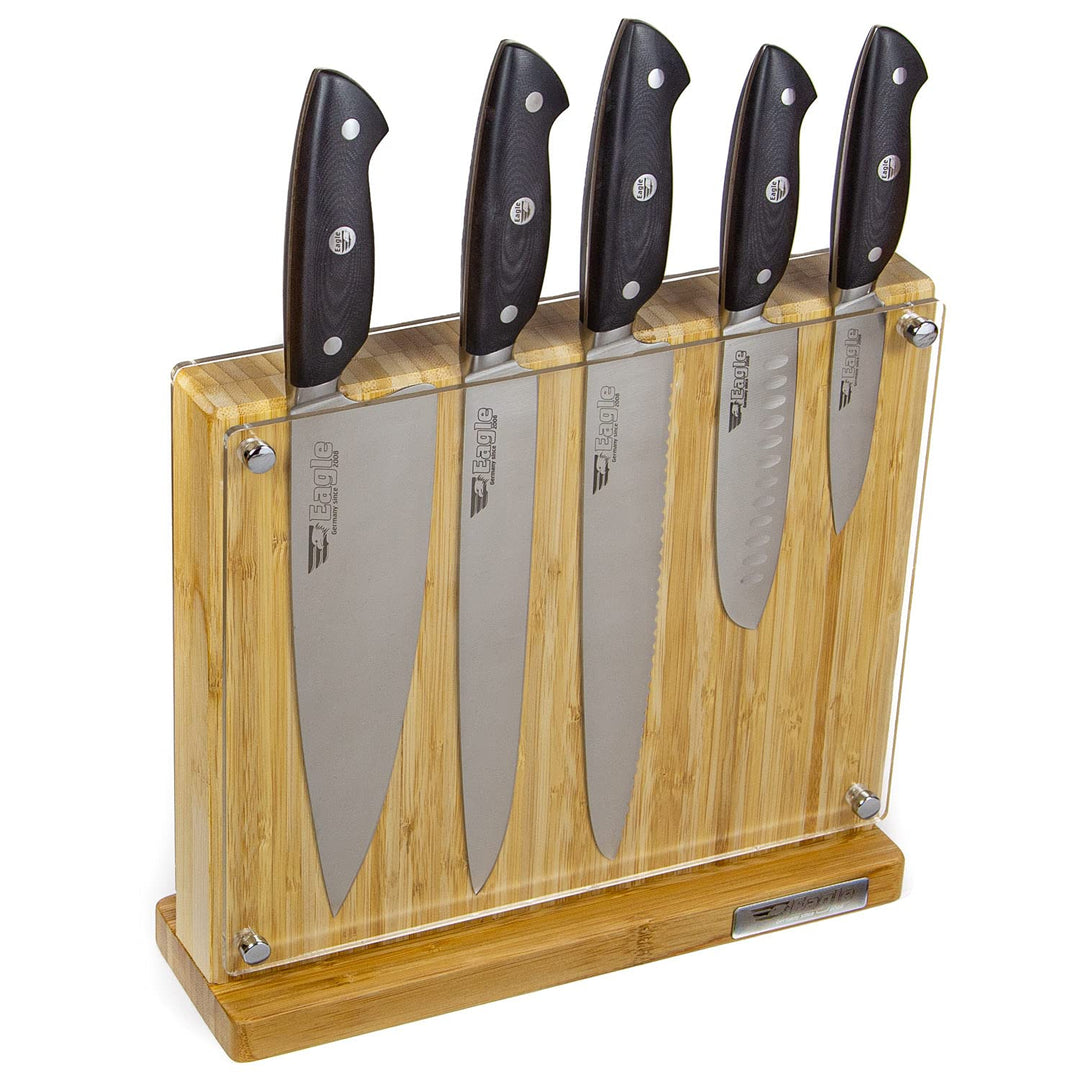 Eagle U-Grip - 5-er Messer-Set mit Bambus Messerblock - Deutscher Messerstahl 1.4116 / Heftschalen:
