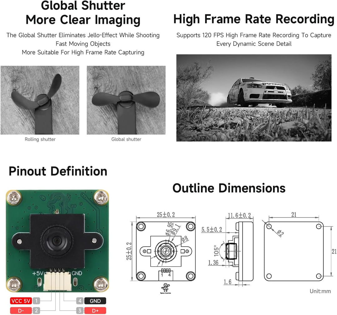 Waveshare OV9281 1MP Mono USB Camera (A), Supports 120FPS High Frame Rate Recording, Global Shutter