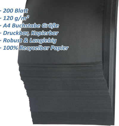 200 x Tonpapier Schwarz A4 120g, Schwarzes Bastelpapier zum Basteln & Malen & Drucken, Schwarz