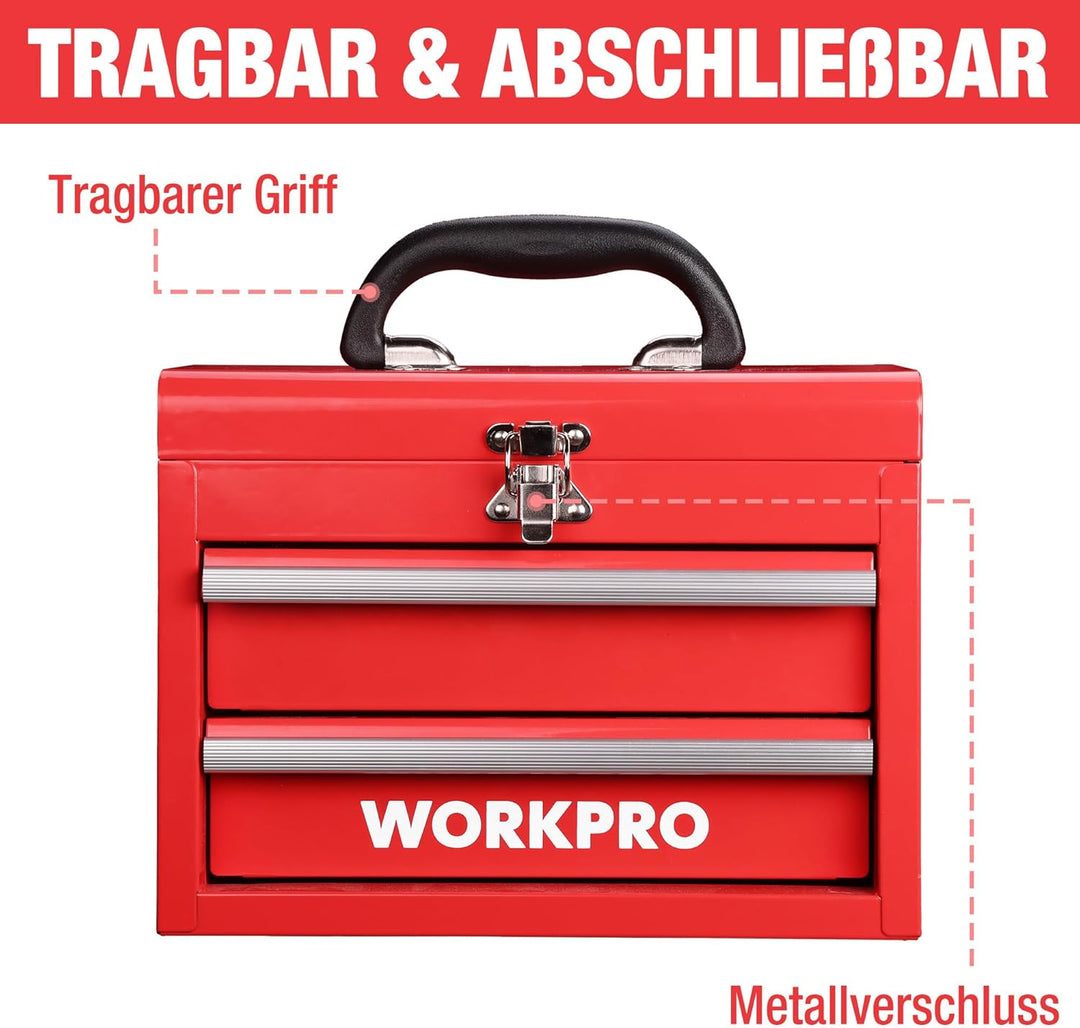 WORKPRO Metall Schubladenbox mit 2 Schubladen & Oberer Stauraum Rot, 27,5x15x20,8cm Tisch Organizer