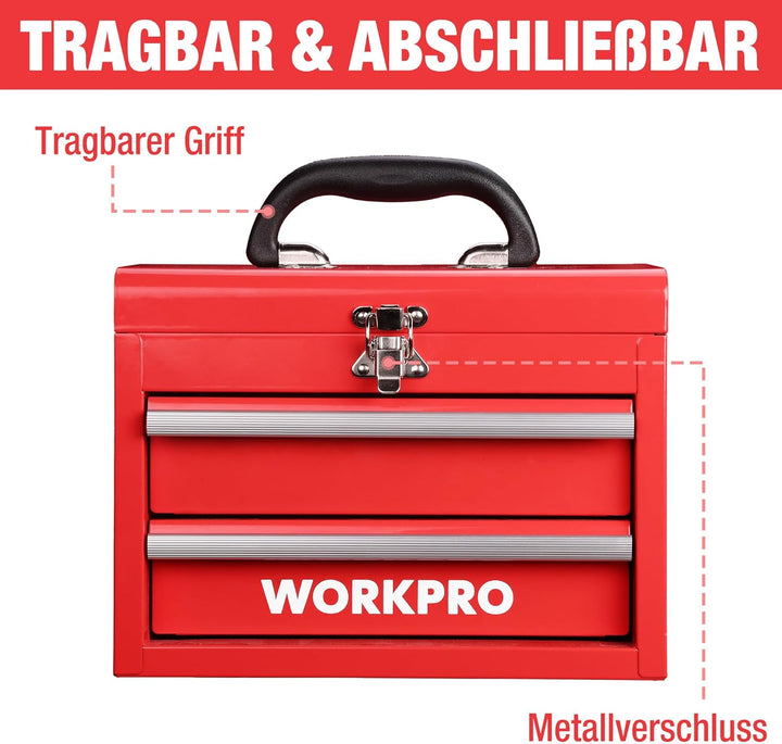 WORKPRO Metall Schubladenbox mit 2 Schubladen & Oberer Stauraum Rot, 27,5x15x20,8cm Tisch Organizer