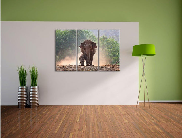 Pixxprint Elefantenbaby mit Mutter / 3-Teilig/Gesamtmass 120cm Leinwandbild bespannt auf Holzrahmen/